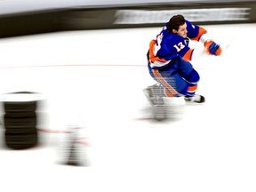 New York Islanders forward Mathew Barzal (13) during the fastest skater competition in the 2020 NHL All-Star Game Skills Competition at Enterprise Center in St. Louis, Missouri.