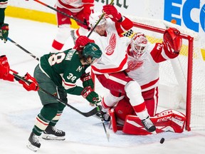 Detroit Red Wings goaltender Jimmy Howard makes a save on Minnesota Wild right wing Ryan Hartman shot on goal during the third period at Xcel Energy Center.