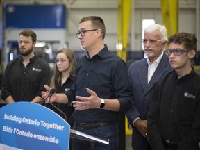 Minister of Labour, Training and Skills Development, Monte McNaughton, joined by Chatham-Kent--Leamington MPP, Rick Nicholls, and Ontario Youth Apprenticeship Program students, makes a funding announcement at Cavalier Tool and Manufacturing on Jan. 28, 2020.