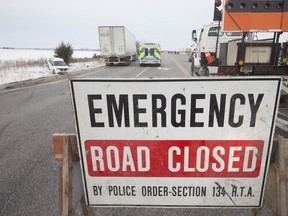 An emergency road closure sign on Highway 3 at County Road 27 on the morning of Jan. 23, 2020. A minivan and a transport truck were involved in a collision with injuries.