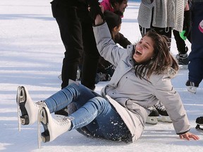 Helin Muslum, 18, takes a seat at the fourth annual newcomer skating event at Downtown Windsor's Charles Clark Square on Feb. 2, 2019.