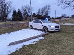 A white Ford sedan that OPP say was speeding before it crashed near Leamington on the morning of Jan. 29, 2020.
