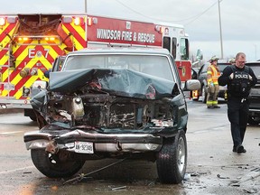 A damaged pickup truck  on Lauzon Parkway at Forest Glade Drive on Jan. 4, 2020. The truck's driver, Philip Hayes of Lakeshore, has been charged with dangerous driving causing death and dangerous driving causing bodily harm.