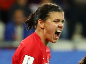 Canada's Christine Sinclair celebrates a goal in the 2019 Women's World Cup.