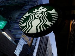 A Starbucks sign is show on one of the companies stores in Los Angeles, California, U.S. October 19,2018.