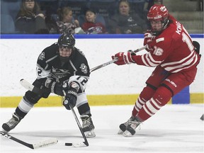 LaSalle Vipers forward Stephane Crevier, left, gets tied up withLeamington Flyers forward Josh King of the Leamington Flyers during GOJHL action last season. The two teams could be back in league play in January.