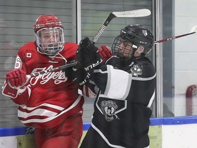 LaSalle Vipers' captain Jack Bowler, left, is seen in this 202 file photo battling the Leamington Flyers' Kobe Seguin,. Bowler will not get a final season of play after the Great Ontario Junior Hockey League officially put an end to the 2020-21 season on Monday.