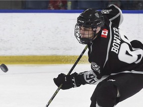 LASALLE, ON. JANUARY 5, 2020 -- Jack Bowler of the LaSalle Vipers keeps his eye on the puck during a game on Sunday, January 5, 2020, at the Vollmer Complex in LaSalle, ON. against the Leamington Flyers.