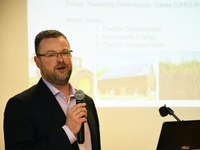 Bruce McAllister, director of planning for the Municipality of Chatham-Kent, speaks about the Chatham-Kent Climate Action Plan during the Lower Thames Valley Conservation Authority's annual general meeting at the Ridgetown Campus of the University of Guelph Feb. 20, 2020. (Tom Morrison/Chatham This Week)