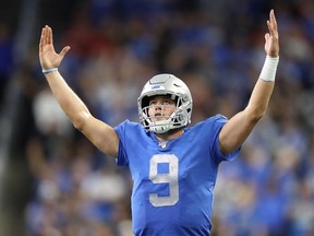 Matthew Stafford of the Detroit Lions celebrates a late fourth quarter touchdown during the game against the Kansas City Chiefs at Ford Field on September 29, 2019 in Detroit, Michigan