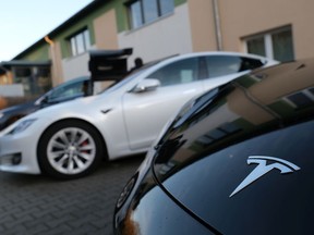 Electric cars of US automaker Tesla stand outside the Hangelsberg community center during a Tesla recruitment and employment information evening on February 05, 2020 in Grunheide, Germany. Tesla has committed to building its first European Gigafactory at Grunheide, with production of Tesla electric cars to begin by the summer of 2021.