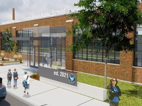An architect's rendering of the Mercer Street school project is seen in this image. The architect is J.P. Thompson.