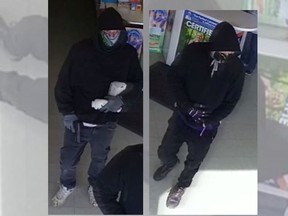 Two men suspected of robbing a South Windsor pharmacy on Tuesday, February 11, 2020, are seen in these images taken from surveillance footage and distributed by Windsor police.