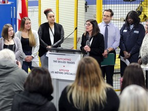 Hon. Filomena Tassi, centre right, Minister of Labour, on behalf of the Honourable Carla Qualtrough, Minister of Employment, Workforce Development and Disability Inclusion, was joined MP Irek Kusmierczyk, behind, and Build a Dream high school students for the announcement of $728,000 funding for Build A Dream's Career Exploration Expansion project that aims female high school students to careers in the skilled trades. The announcement took place at Valiant TMS Thursday afternoon.