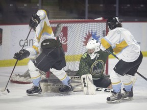 The Army and Navy compete during a hockey fundraiser for Adopt-A-Vet, at the WFCU Centre on Feb. 16,  2020.