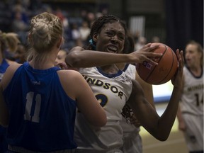 WINDSOR, ONT:. FEBRUARY 19, 2020 -- Windsor's Olivia Osamusali makes a strong move towards the basket in OUA women's basketball between the Windsor Lancers and the Lakehead Thunderwolves at the Dennis Fairly Fieldhouse, Wednesday, February 19, 2020.