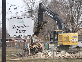 A demolition crew is shown at the Bradley Park in west Windsor on Monday, February 24, 2020. They demolished a building from the park that has not been used in over a decade.