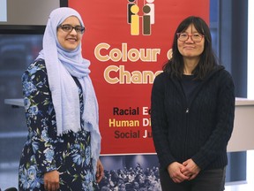 Samya Hasan, left, executive director of Council of Agencies Serving South Asians and Avvy Go, lawyer and steering committee member with The Colour of Poverty – Colour of Change network are shown at the University of Windsor's School of Social Work on Monday, February 24, 2020 where a community discussion was held.