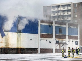 Firefighters battle a blaze at the former Chromshield building in the 800 block of McDougall on Friday, February 28, 2020.