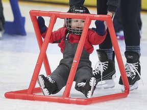 Rowan Weiko, 2, takes a tumble on Monday, February 17, 2020 during a free Family Day skate at the Tecumseh Arena sponsored by the town and the Windsor-Essex Communities In Motion. He was with his mother Catherine Racicot.