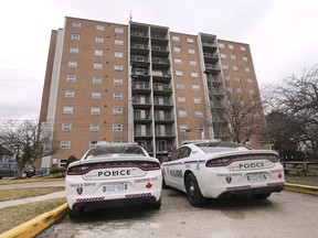 The Rivershore Tower apartment building in Windsor is shown on Feb. 18, 2020. A woman died in an early morning fire in one of the units.