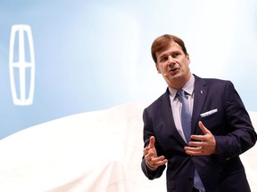 FILE PHOTO: Jim Farley, President, Global Markets, Ford Motor Company, speaks during the Lincoln presentation at the New York Auto Show in the Manhattan borough of New York City, New York, U.S., March 28, 2018.