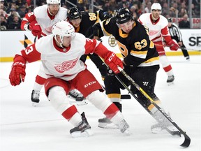 Boston Bruins left wing Brad Marchand attempts to control the puck as Detroit Red Wings defenseman Alex Biega defends during the first period at TD Garden.