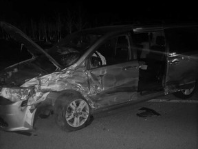 The wreckage of one of four vehicles involved in a crash on Highway 77 north of Leamington on the night of Feb. 23, 2020.