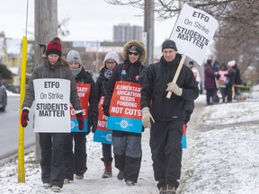 Ontario public school teachers were out on strike. Here are London teachers walking the picket line on Feb. 5, 2020. (Mike Hensen/The London Free Press)
