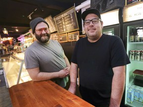 Kyle Lefaive, left, and Caleb Farrugia, owners of the Green Bean Cafe in Windsor have started a Monthly Community Support System program. Each month they donate 10 per cent of the proceeds from the sale of coffee and grilled cheese sandwiches, their two biggest sellers, to a non-profit organization. The entrepreneurs are shown at the Wyandotte St. W. business on Monday, February 24, 2020.