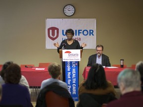 Shelley Smith, second vice-president of Unifor Local 2458, and who was a personal support worker for 33 years, speaks during a press event on the PSW shortage in Ontario, Thursday, February 13, 2020.