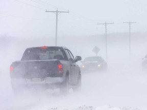 Blowing snow makes visibility poor on roadways north of London, Ontario, on Feb. 27, 2020.