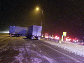 A pair of tractor trailers collided on Highway 401 eastbound near County Road 31 Wednesday night.