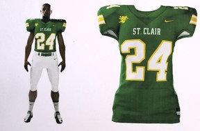 A photo of the St. Clair College football team jersey is shown during a Friday press conference at the SportsPlex.