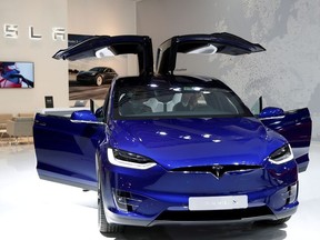 A Tesla Model X electric car is seen at Brussels Motor Show, Belgium, January 9, 2020.