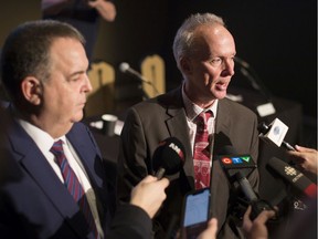 Bryce Phillips, CEO, Windsor-Detroit Bridge Authority, and Dwight Duncan, left, chair of the WDBA board of directors, hold their annual public meeting at the Capitol Theatre on February 27, 2020.