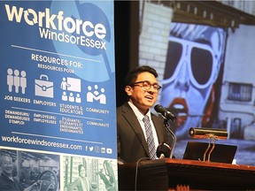 Julian Villafuerte, a project coordinator and researcher with Workforce WindsorEssex speaks at a press conference on Monday, February 3, 2020, at the Capitol Theatre in Windsor. The organization launched a talent and attraction retention toolkit for the region.