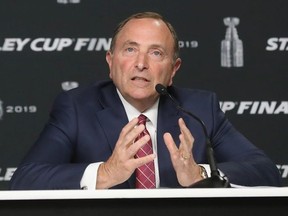 Commissioner Gary Bettman of the National Hockey League speaks with the media in this 2019 file photo.