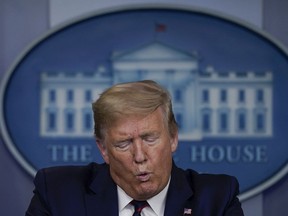 U.S. President Donald Trump speaks during a briefing on the coronavirus pandemic in the press briefing room of the White House on March 26, 2020 in Washington, DC.