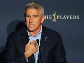 Jay Monahan, PGA Tour Commissioner, addresses the media regarding the cancellation of The PLAYERS Championship and three consecutive events due to the COVID-19 pandemic as seen at TPC Sawgrass on March 13, 2020 in Ponte Vedra Beach, Florida.