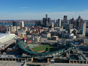 Aerial view of Comerica Park from a drone on March 14, 2020 in Detroit, Michigan.