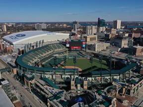 Aerial general view of Comerica Park and Ford Field from a drone of of Little Caesars Arena on March 14, 2020 in Detroit, Michigan.
