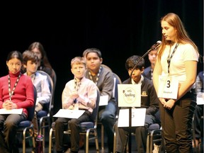 Spelling Bee champion Giavanna Patcas concentrates on a word during WFCU Credit Union Scripps Regional Spelling Bee at Chrysler Theatre Sunday, March 8, 2020.