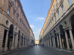 An eerily empty street in Turin, Italy, is shown during the current coronavirus pandemic that has hit Italy hard.