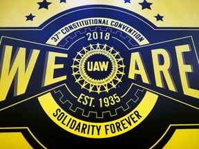 The logo for the United Auto Workers (UAW) 37th Constitutional Convention is shown June14, 2018 at Cobo Center in Detroit, Michigan.