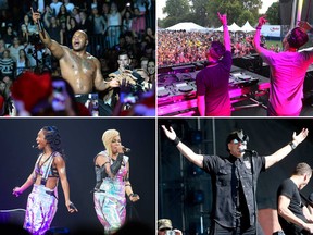 Clockwise from top left: Rapper Flo Rida, DJ duo Loud Luxury, Hugh Dillon of Canadian hard rock band The Headstones, and Chilli and T-Boz of TLC performing at various venues.