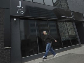 The exterior of the J. Supply Co. cannabis store on Ouellette Ave., is pictured Monday, March 16, 2020.