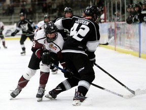 Chatham Maroons' Zach Power (18) battles LaSalle Vipers' James Jodoin (42) in the third period at Chatham Memorial Arena in Chatham, Ont., on Thursday, Feb. 27, 2020. Mark Malone/Chatham Daily News/Postmedia Network