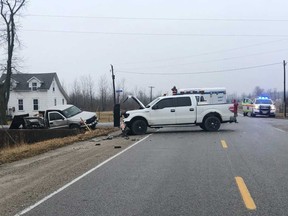 The scene of a crash between two pickup trucks at County Road 15 and 12th Concession Road in Essex on the morning of March 19, 2020.
