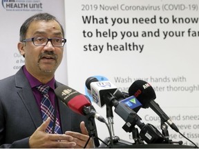 Dr. Wajid Ahmed, medical officer of health with the Windsor-Essex County Health Unit, speaks during a news conference in Windsor on March 21, 2020.